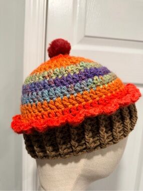 Handmade Crochet Cupcake Beanie Hat Whimsical Dessert Kawaii Cottagecore Cherry